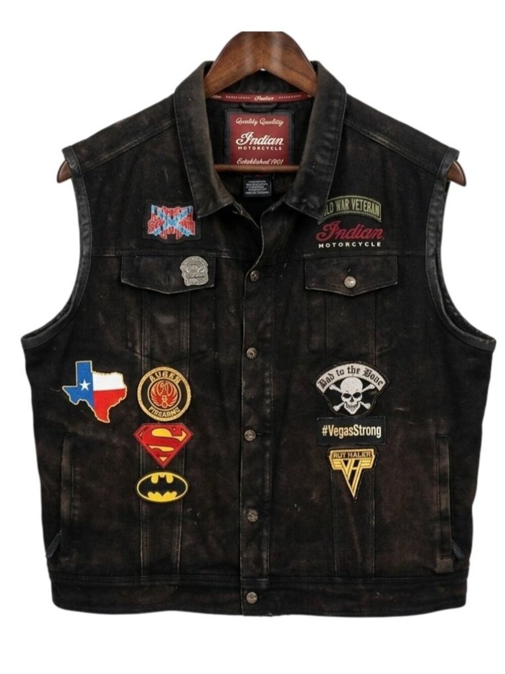 Vintage Indian Motorcycles Black Denim Biker Vest 4XL With Rare Patches